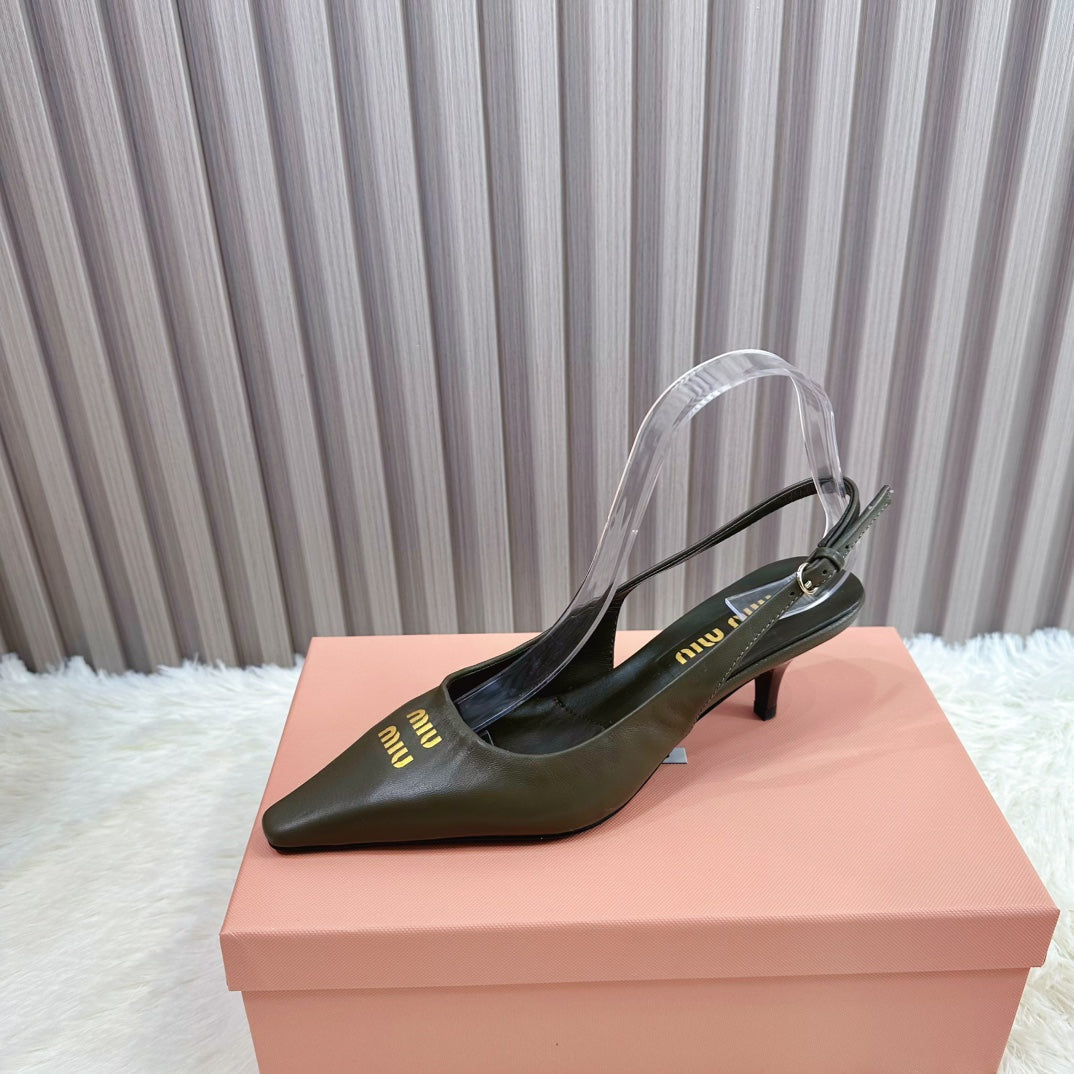 POINTED-TOE SLINGBACK IN ARMY GREEN LAMBSKIN