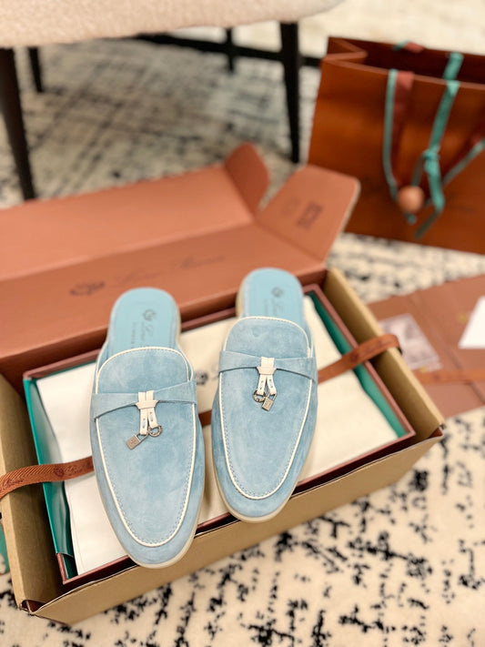 Loro Piana Blue Sky White Suede Charms Walk Flat Mules