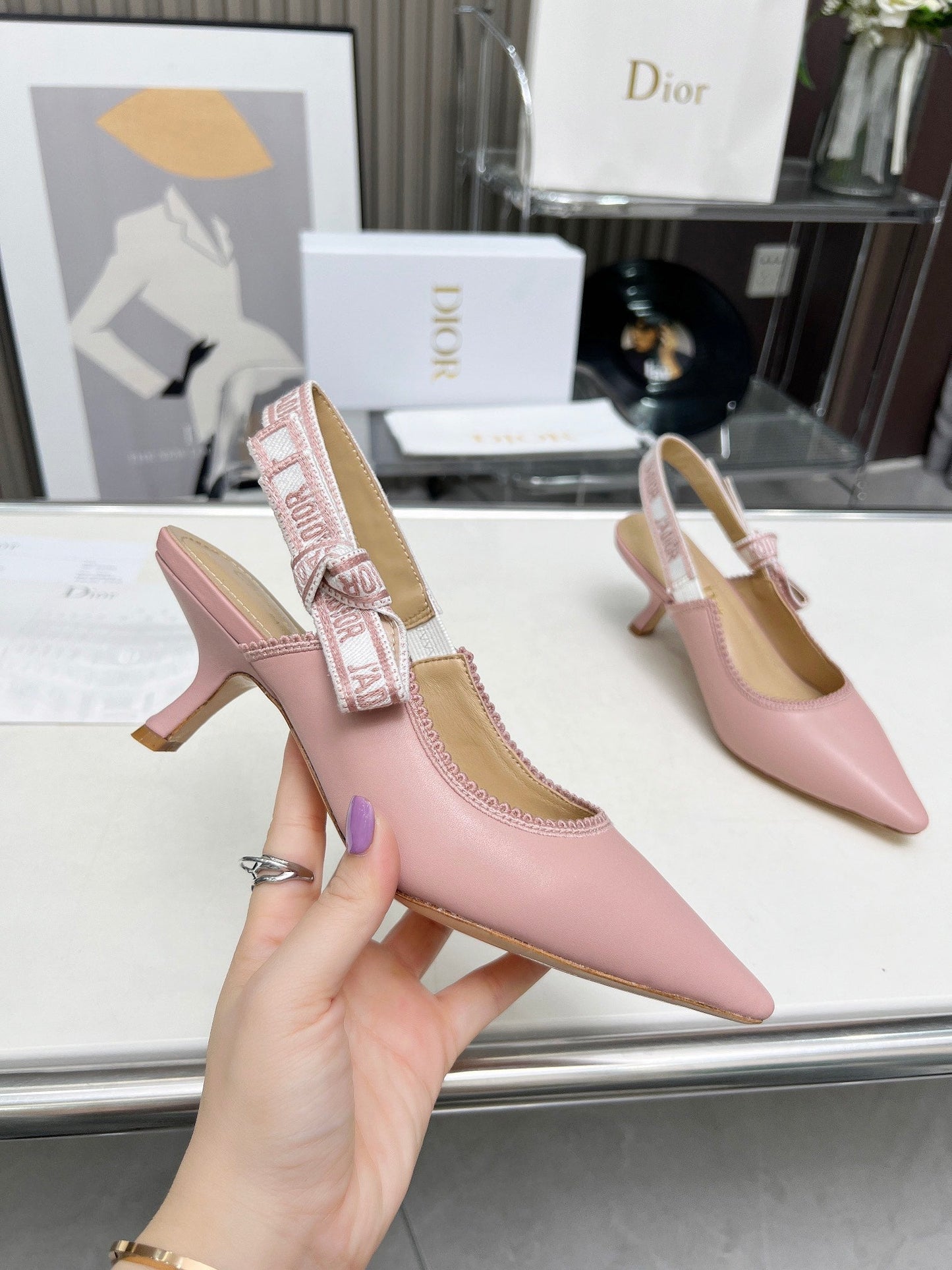 J'ADIOR SLINGBACK PUMP LIGHT PINK CALFSKIN AND EMBROIDERED FABRIC 65 MM