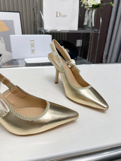 J'ADIOR SLINGBACK PUMP LIGHT GOLD CALFSKIN AND EMBROIDERED FABRIC 10 CM