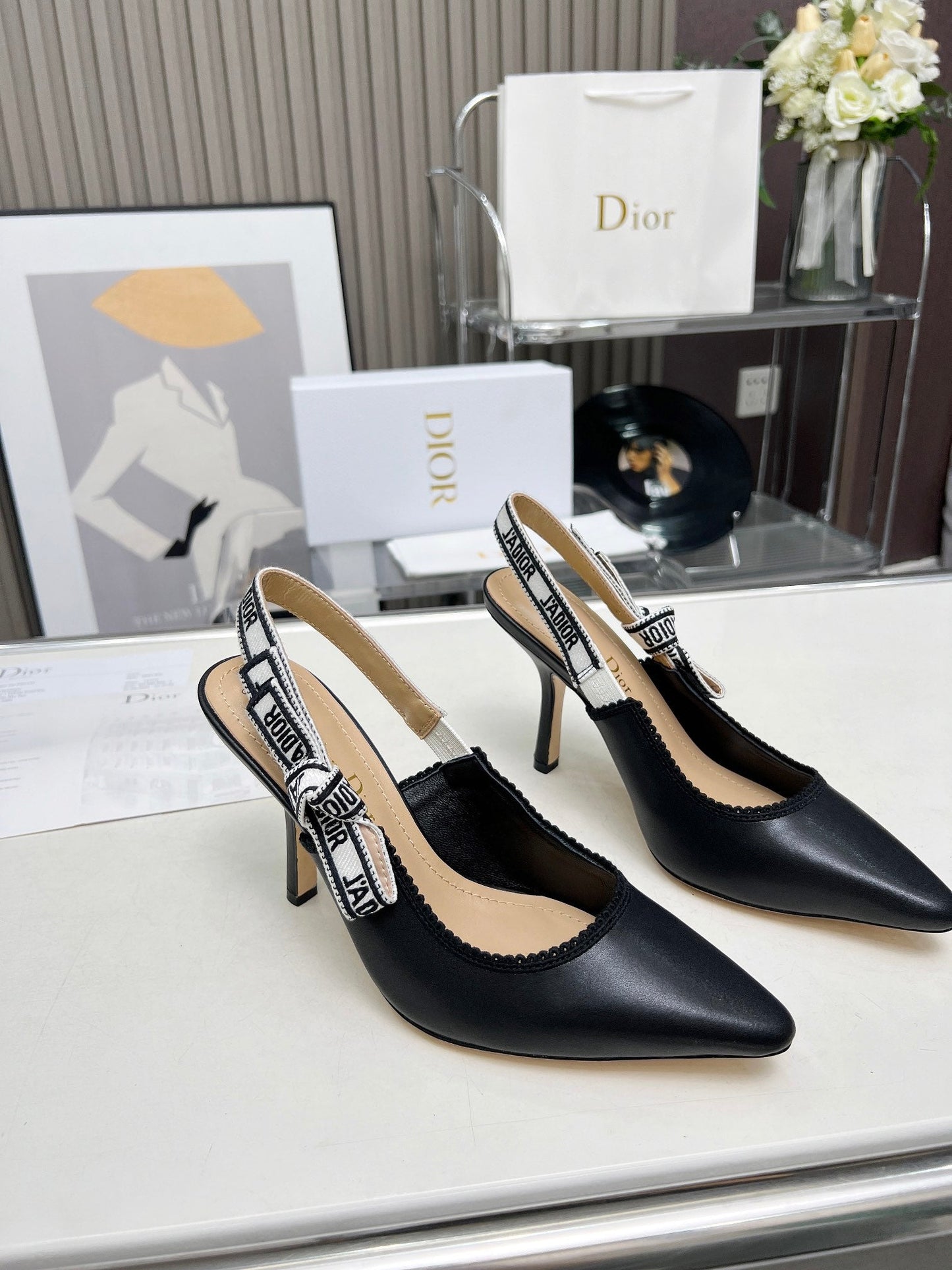 J'ADIOR SLINGBACK PUMP BLACK CALFSKIN AND BLACK EMBROIDERED FABRIC 10 CM
