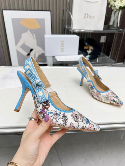 J'ADIOR SLINGBACK PUMP COLORFUL NATURAL RAFFIA AND EMBROIDERED COTTON 10 CM 130858