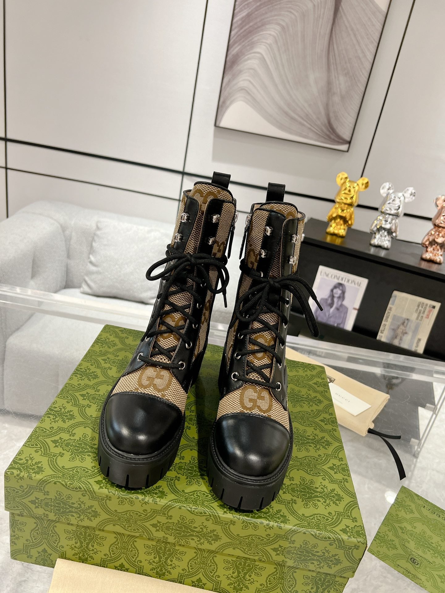 GG ANKLE BOOTS IN BEIGE MONOGRAM CANVAS AND BLACK SHEEPSKIN