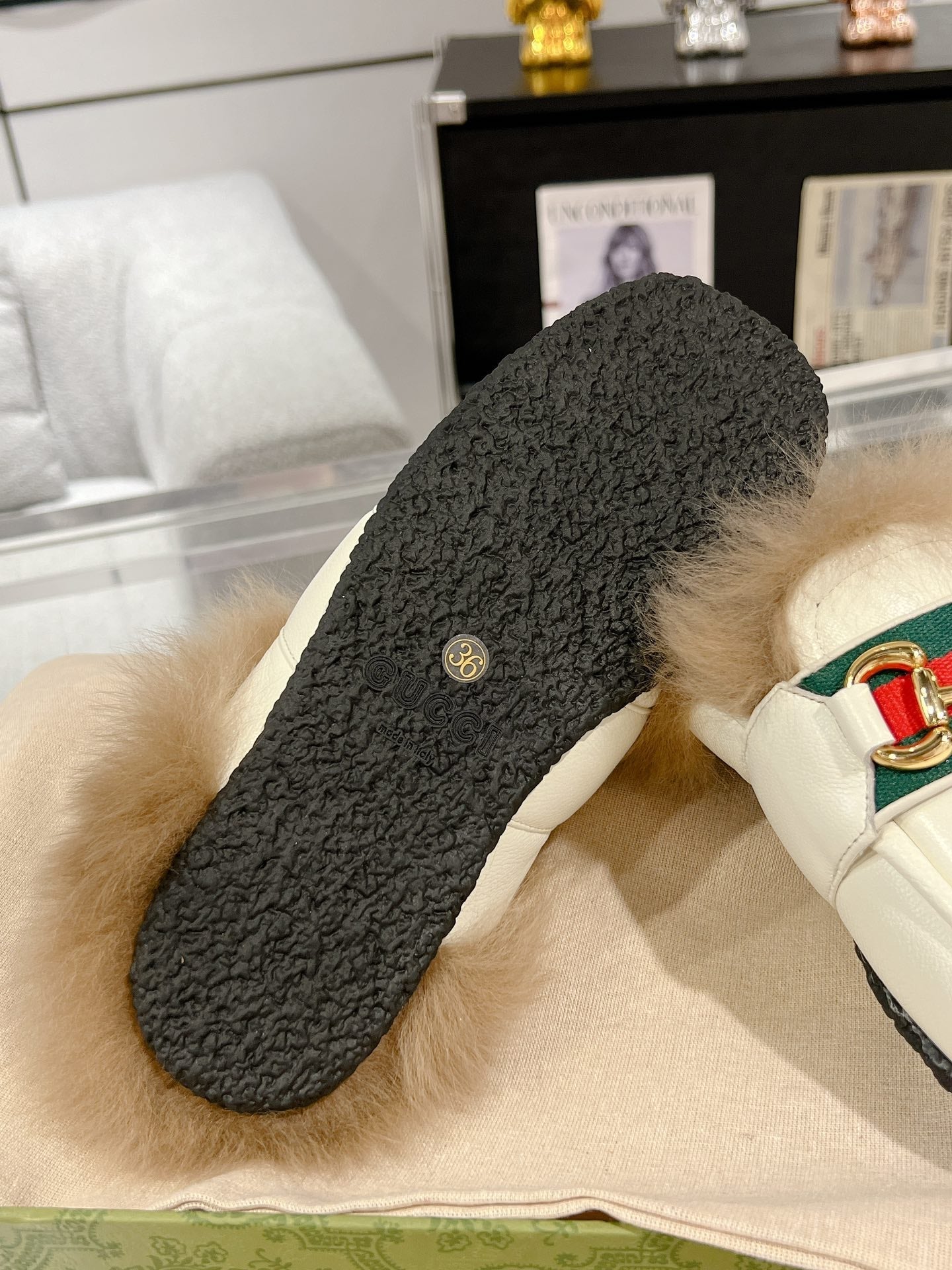 HORSEBIT MULE WITH WEB IN WHITE CALFSKIN MIX MINK FUR