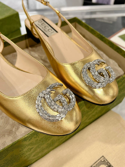 METALIC SLINGBACK FLATS IN GOLD CALFSKIN