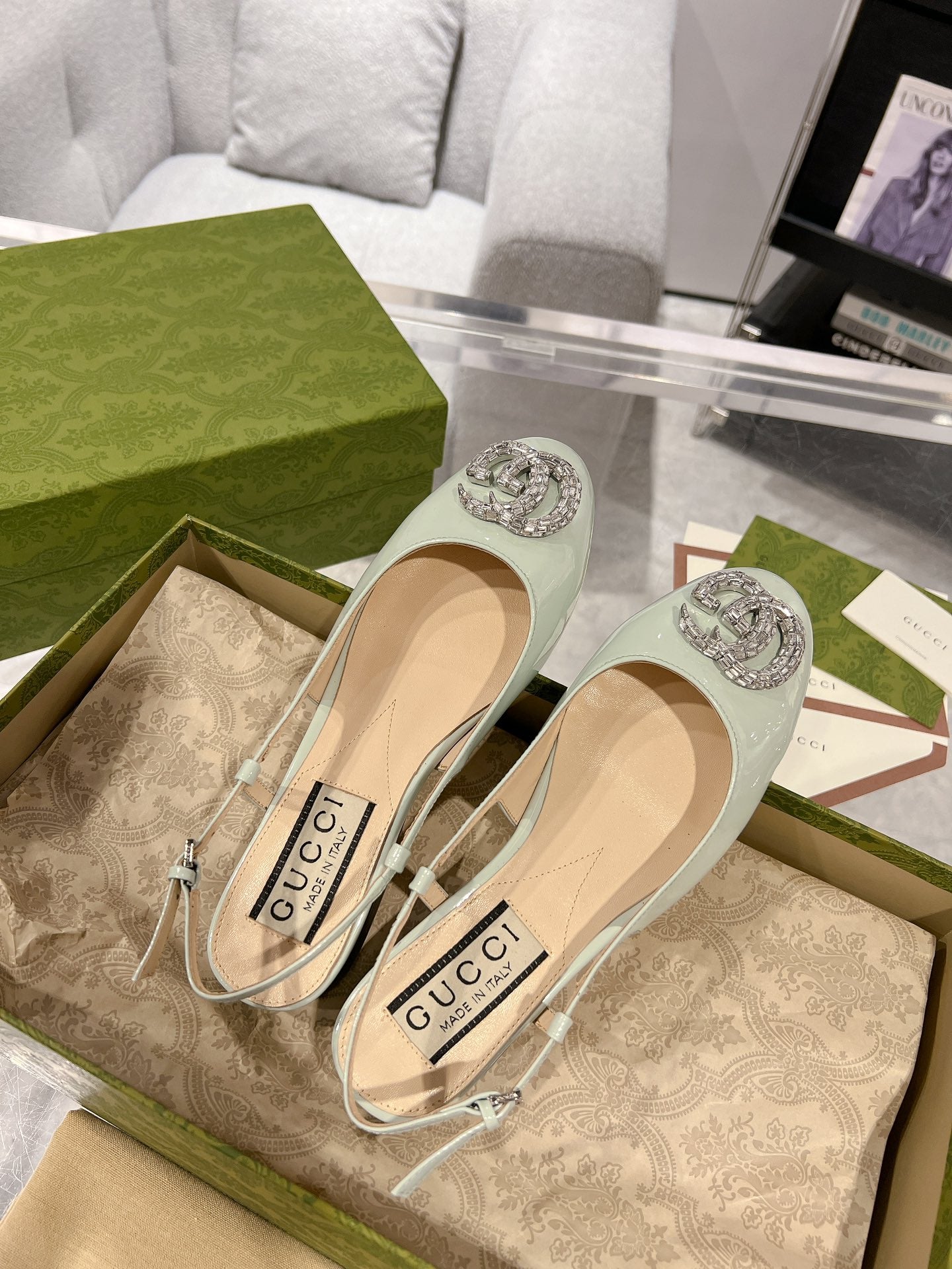 GG CRYSTALS SLINGBACK BALLET SAGE CALFSKIN