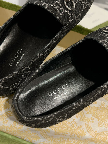 MEN'S LOAFER WITH HORSEBIT IN BLACK MONOGRAM JACQUARD FABRIC