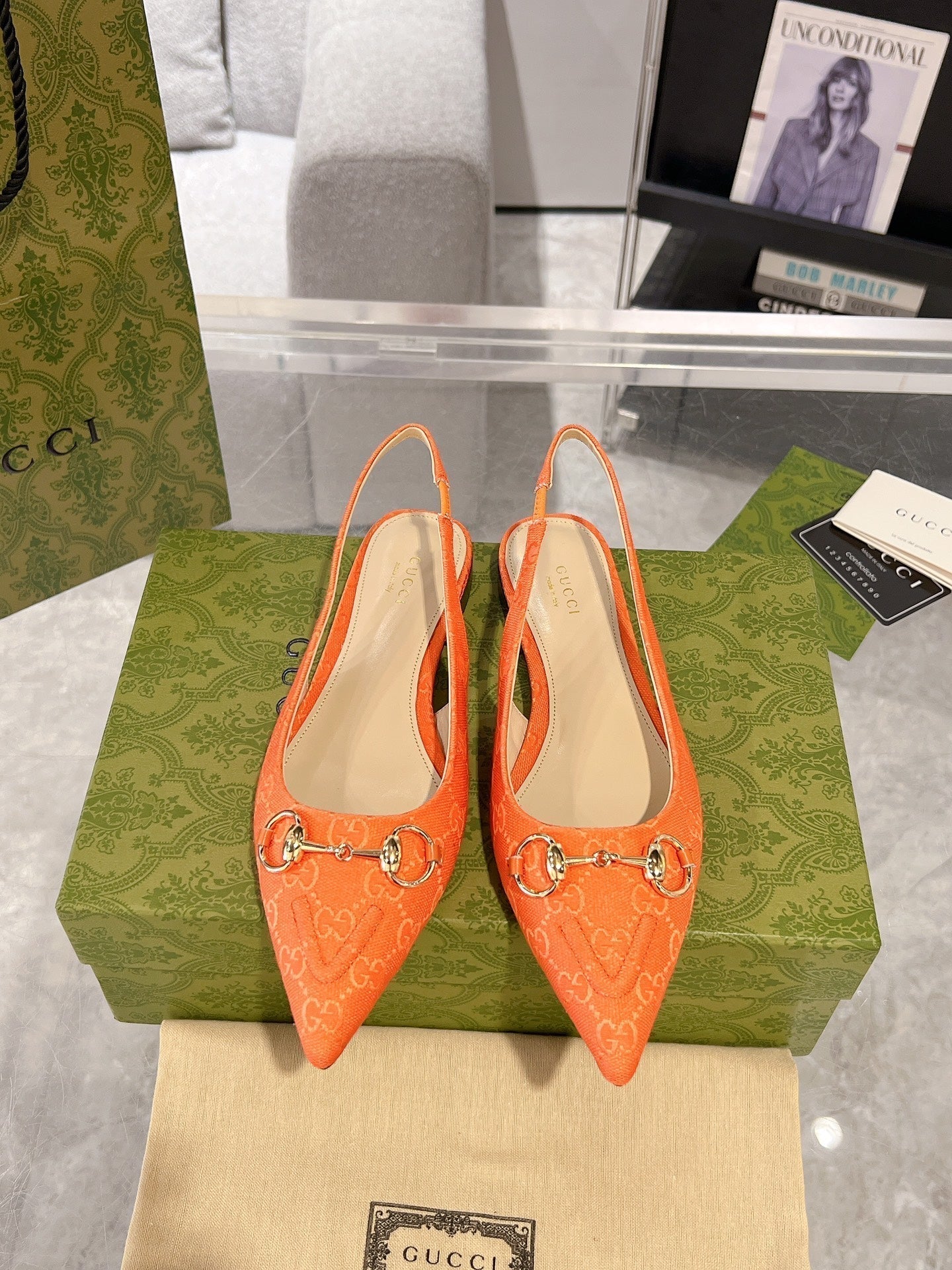 GG HORSEBIT SLINGBACK BALLET FLAT ORANGE CANVAS