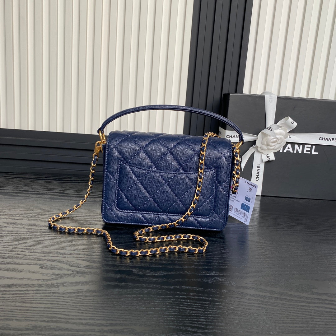 RETRO STYLE FLAP BAG 19 IN NAVY BLUE GRAINED CALFSKIN GOLD HARDWARE