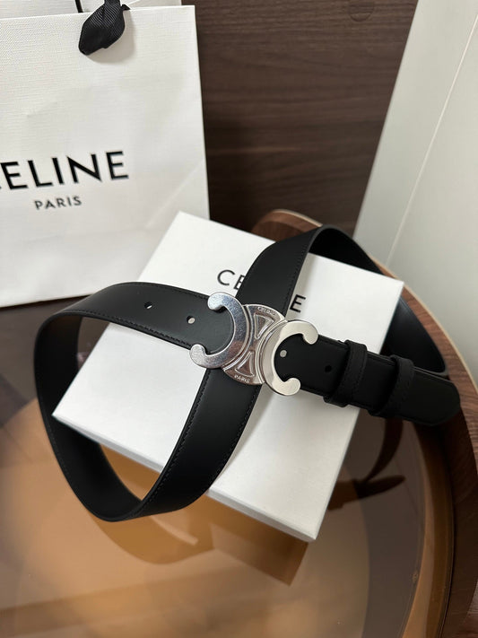 TRIOMPHE BELT 30MM IN BLACK CALFSKIN WITH SILVER BUCKLE