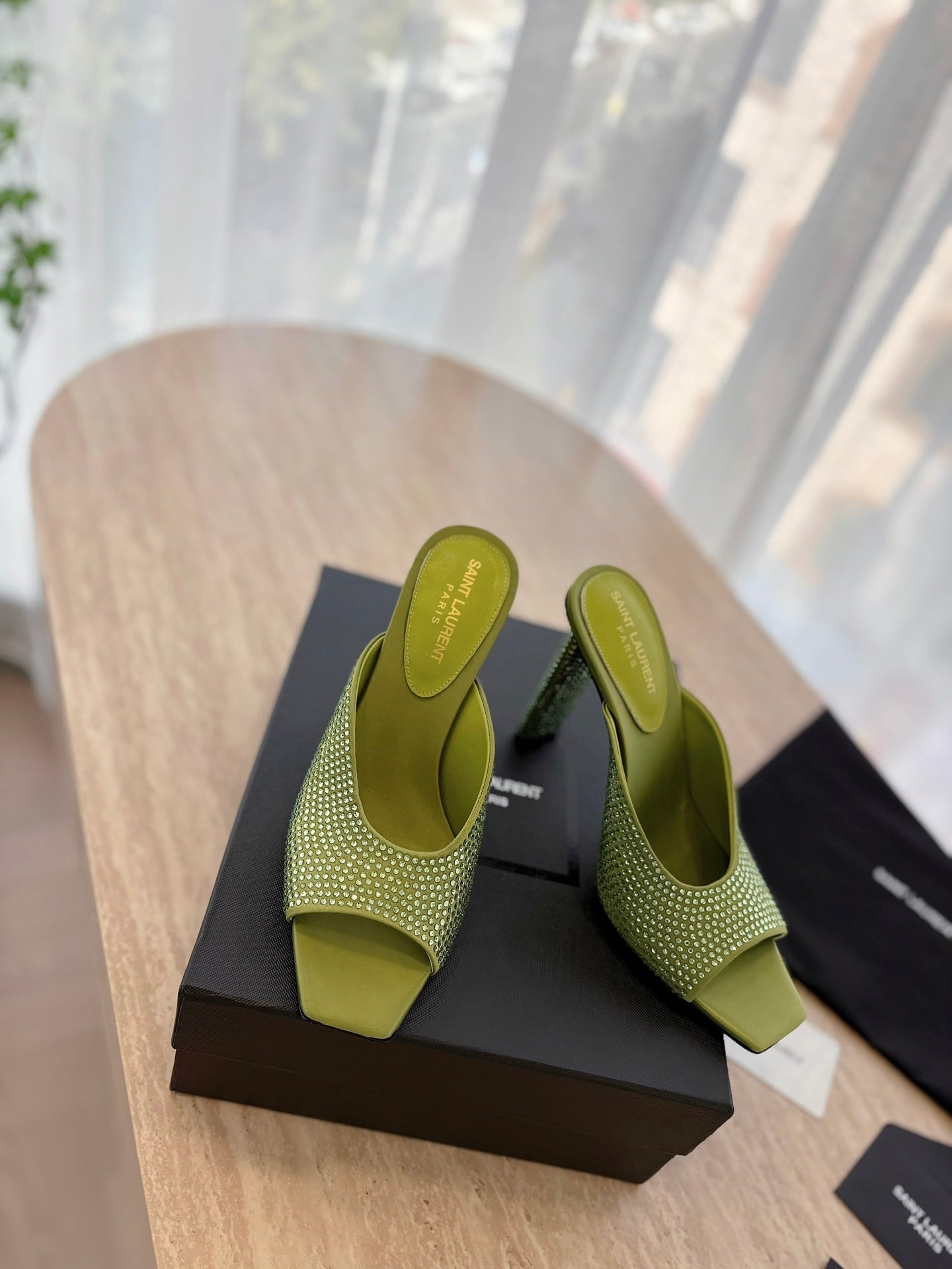 HIGH HEEL BLONDE MULE 10 CM IN OLIVE GREEN SATIN WITH RHINESTONES