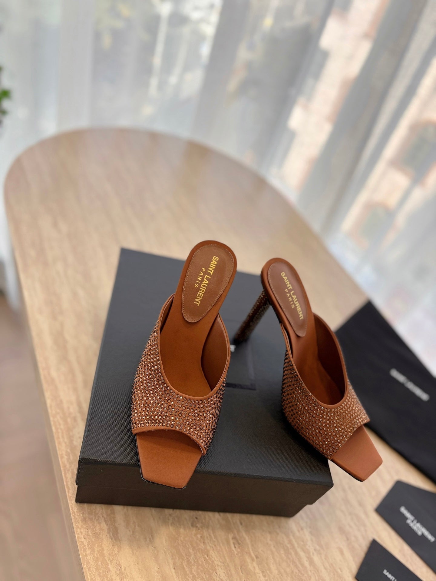 HIGH HEEL BLONDE MULE 10 CM IN BRONZE BROWN SATIN WITH RHINESTONES