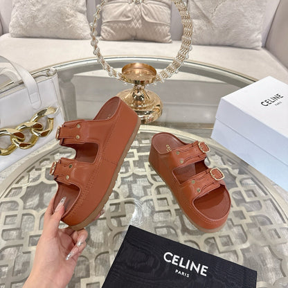 POLLY WEDGE MULE IN TAN BROWN SHINY CALFSKIN