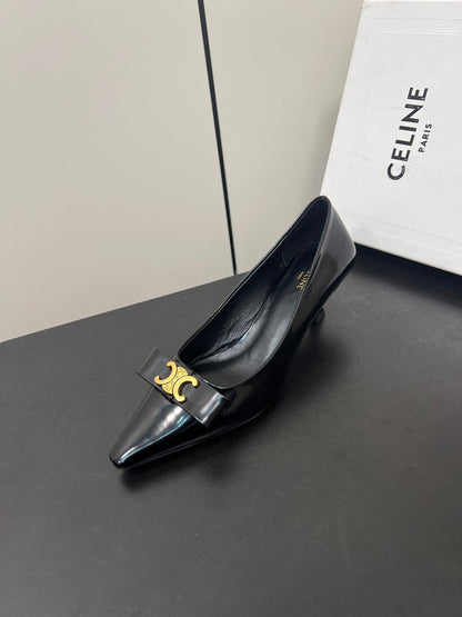 TRIOMPHE POINTED-TOE HIGH PUMPS IN BLACK SHINY CALFSKIN
