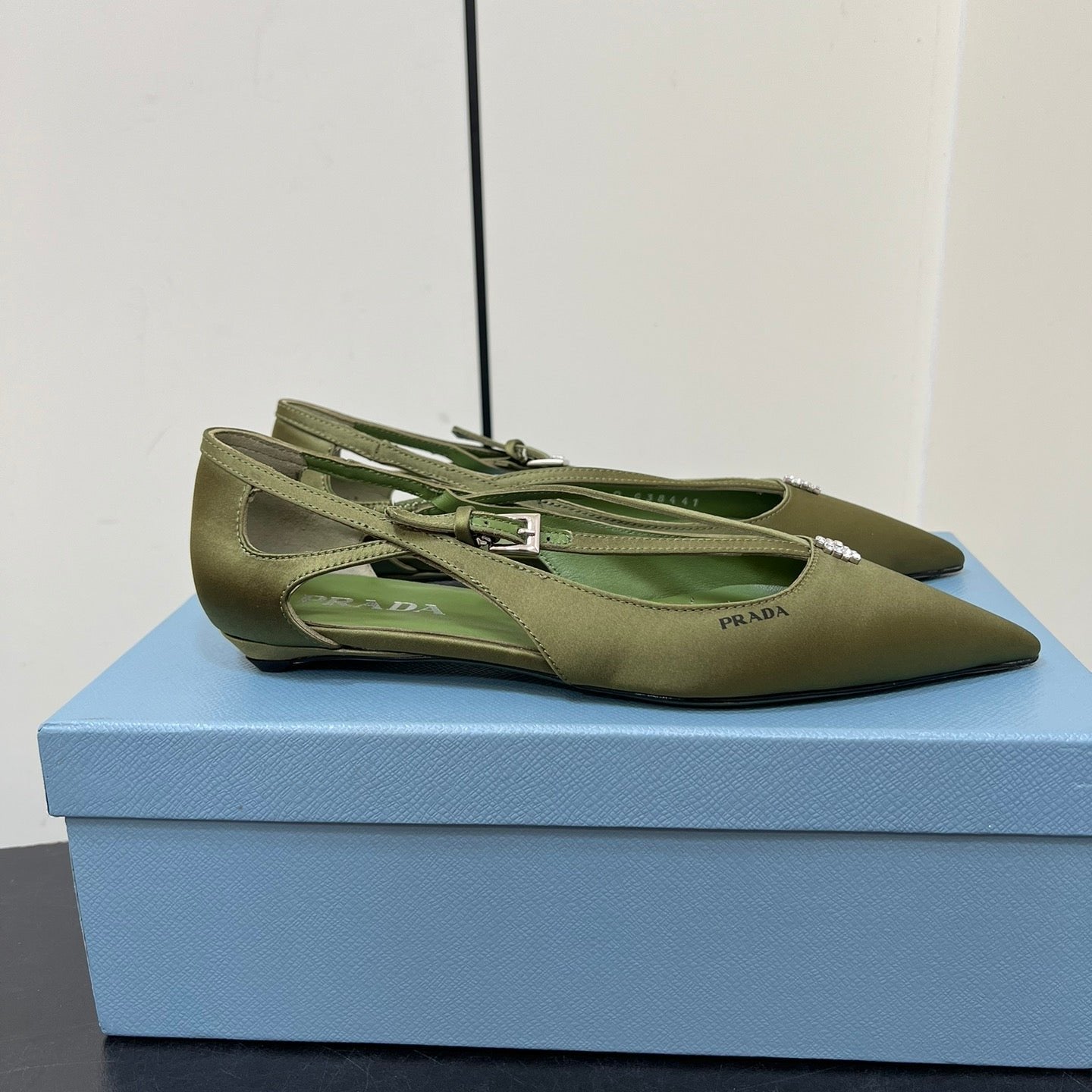 CUT-OUT BALLERINA FLAT IN OLIVE GREEN SATIN ATTACHED BEAD BUCKLE