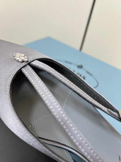 CUT-OUT PUMPS WITH BEAD BUCKLE IN WARM GRAY SATIN