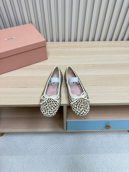 RHINESTONES MARY JANE FLATS IN CREAM SUEDE