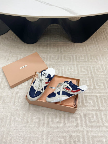 SNEAKER MULES IN NAVY MESH AND BEIGE SUEDE