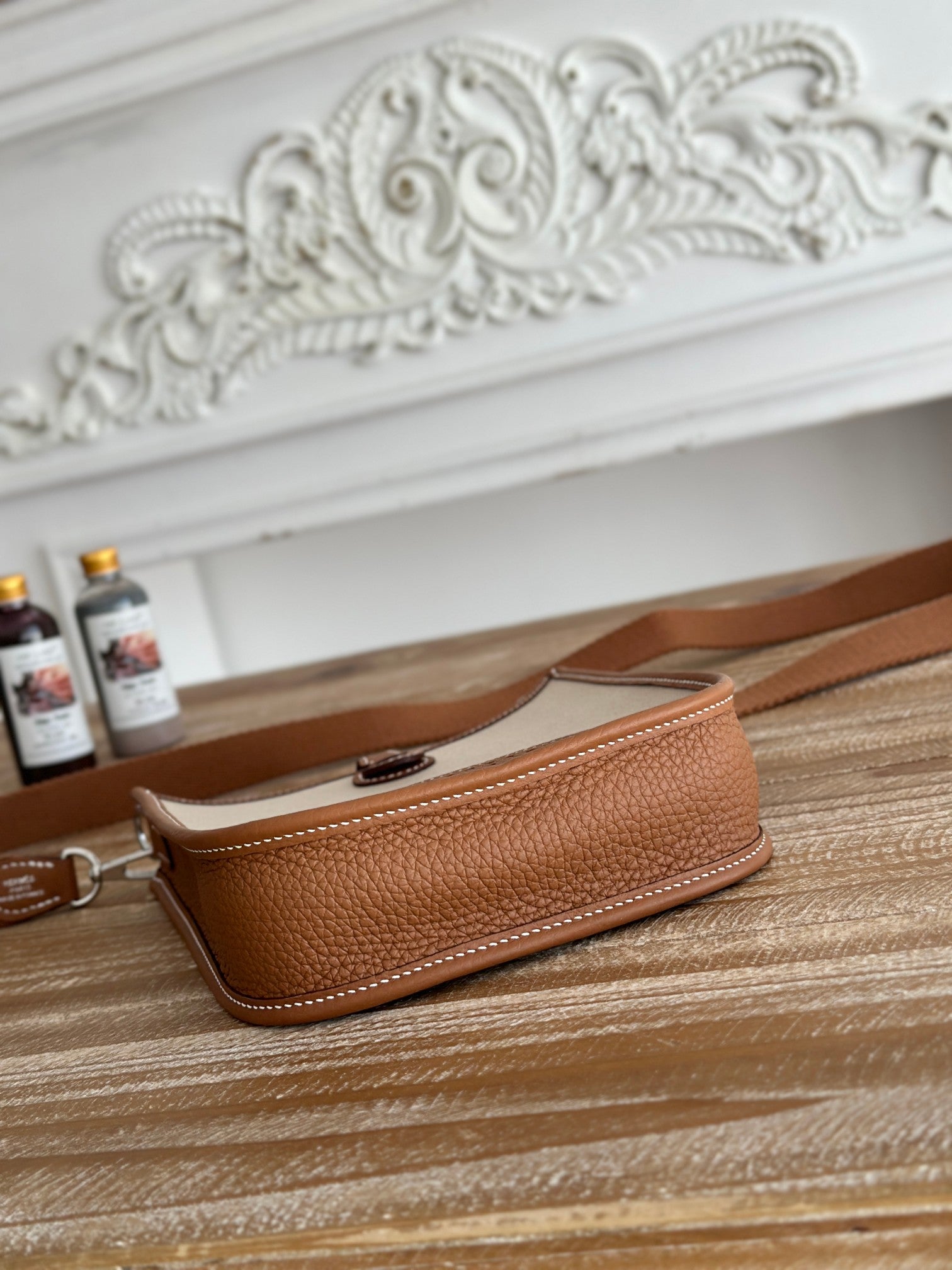 MINI NEO 17 EVELYNE BAG IN BEIGE CANVAS AND BRONZE BROWN CALFSKIN