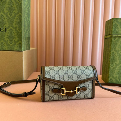 GG HORSEBIT 1955 MINI 18 BAG BEIGE CANVAS AND BROWN CALFSKIN