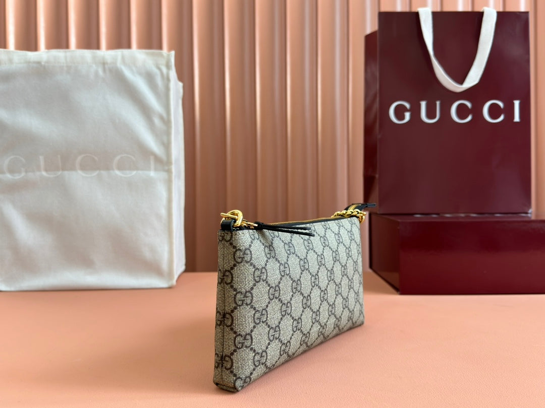 RUBBER EFFECT SMALL WALLET ON CHAIN 22.5 IN BEIGE AND DARK BROWN GG CALFSKIN