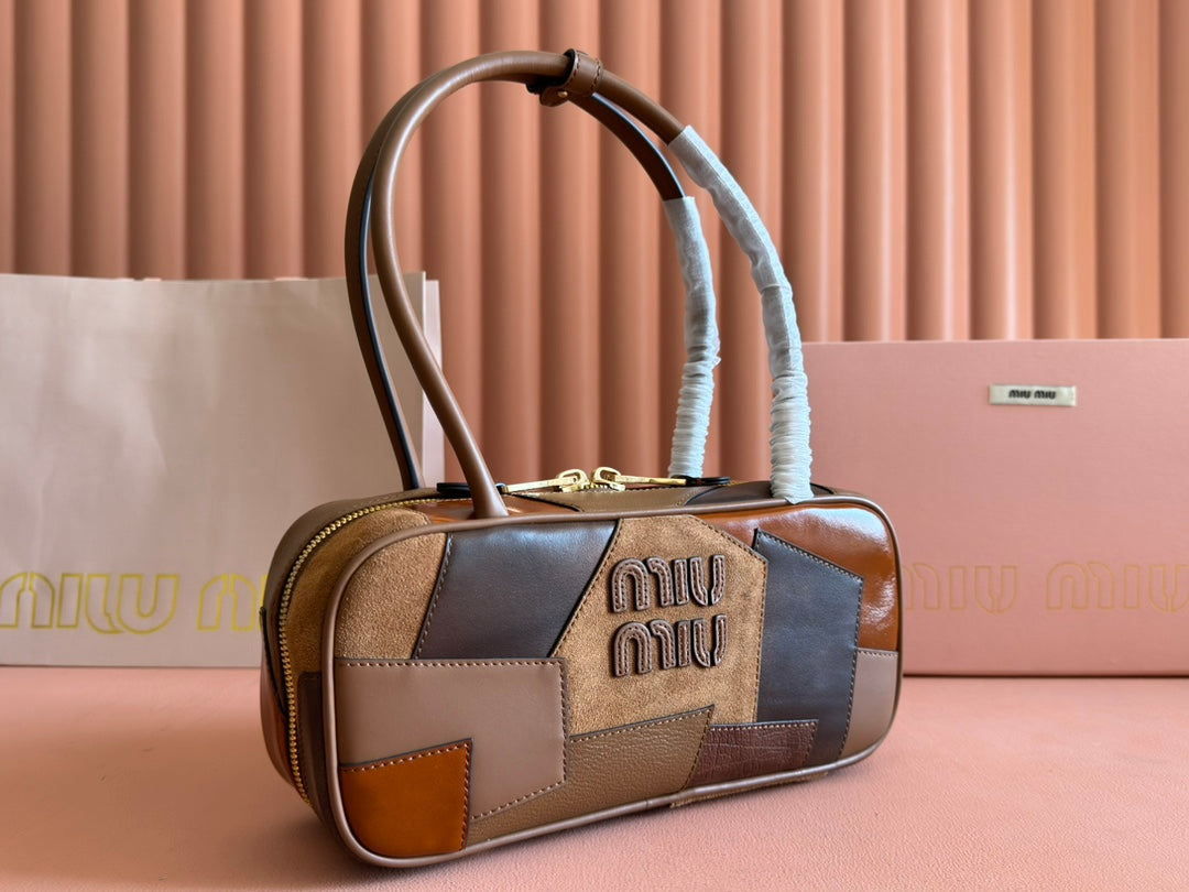 BEAU TOP HANDLE BAG 28 IN COGNAC LEATHER PATCHWORK