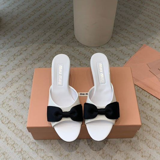 White Mid - Heels With Black Bow Calfskin
