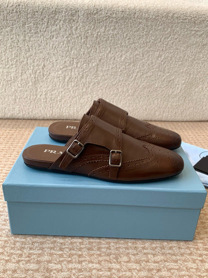 DOUBLE MONK MULES IN DARK BROWN CALFSKIN