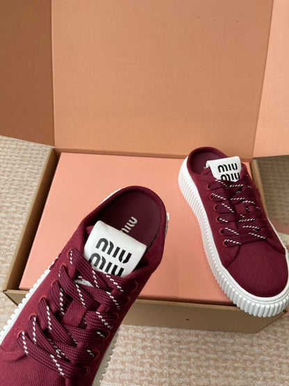 WASH SNEAKER MULES IN BURGUNDY RED DENIM STRIPED LACES