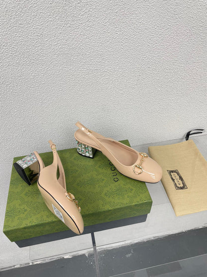 GG WOMEN'S HORSEBIT SLINGBACK IN TAN BEIGE CALFSKIN WITH RHINSTONES