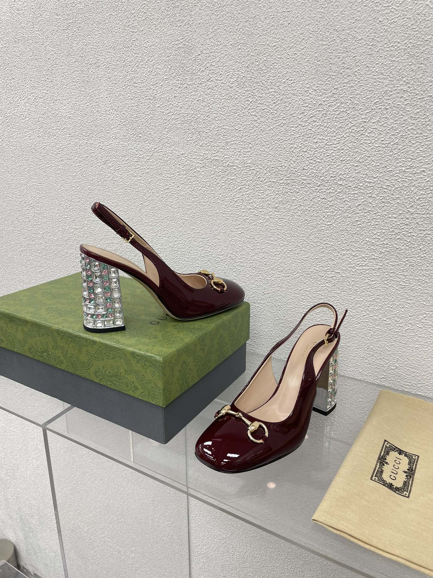 GG WOMEN'S HORSEBIT SLINGBACK 95MM IN WINE RED CALFSKIN WITH RHINSTONES