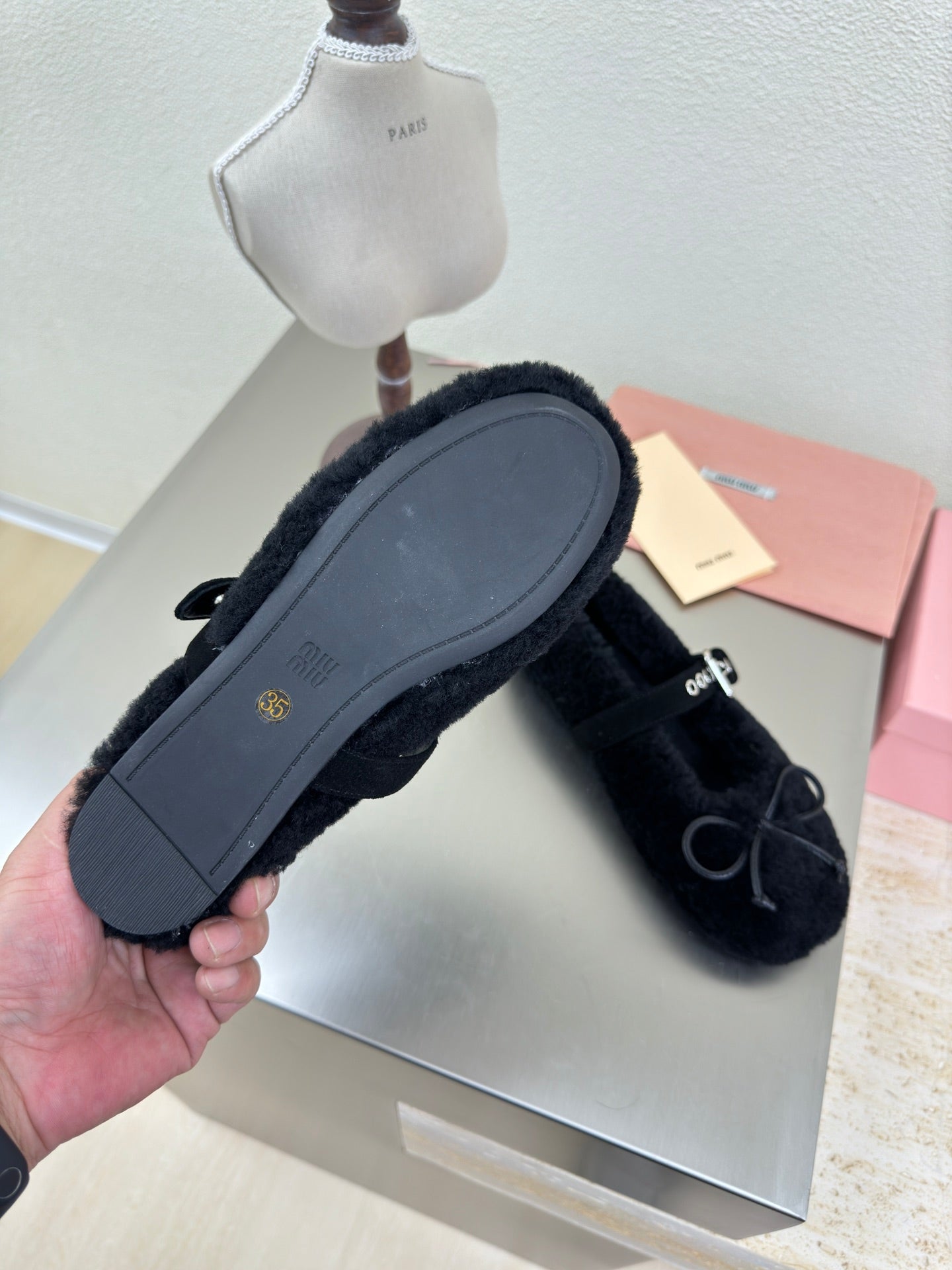 SHEARLING BALLET FLAT BLACK WITH SUEDE STRAP