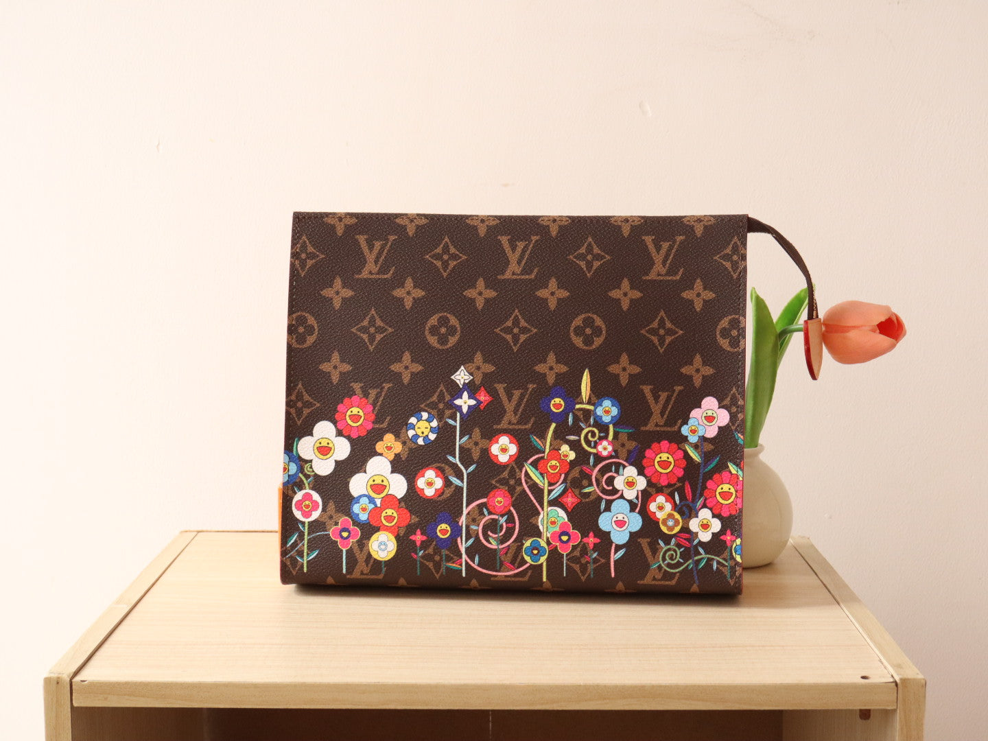 TOILETRY POUCH 25 CM BAG IN BROWN MONOGRAM CALFSKIN WITH STICKER