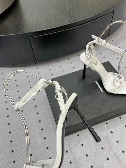 SL ANKLE-BUCKLE HEELED SANDALS WHITE CALFSKIN
