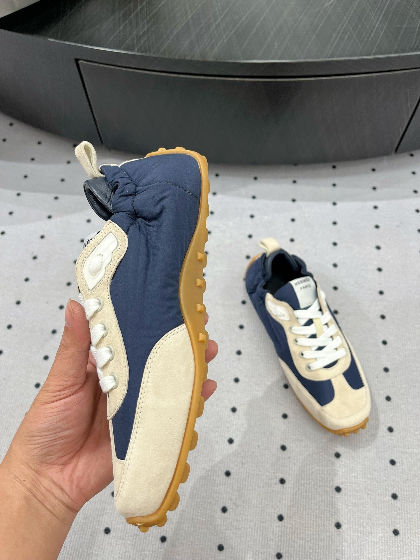 TRAIL SNEAKER IN IVORY TAN MIX SPACE BLUE SUEDE