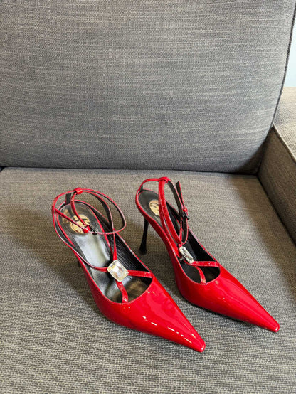 HIGH SANDAL ATTACHED GEM IN RED GLOSSY CALFSKIN