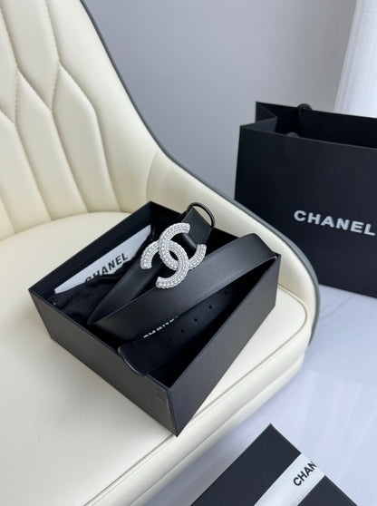 CC BELT 30MM IN BLACK SMOOTH CALFSKIN SILVER HARDWARE ATTACH PEARLS