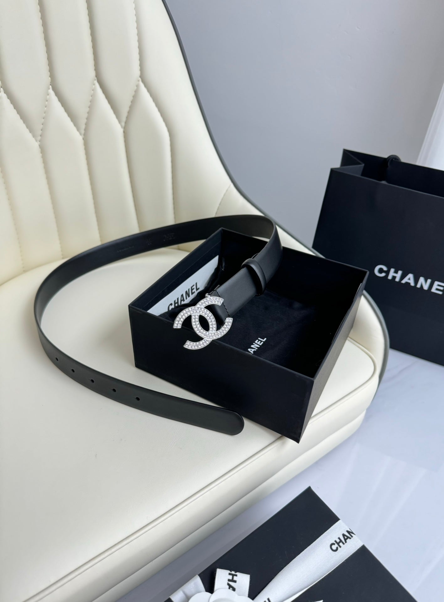 CC BELT 30MM IN BLACK SMOOTH CALFSKIN SILVER HARDWARE ATTACH RHINSTONES
