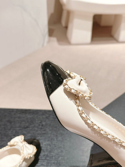 BOWKNOT HIGH HEELS IN WHITE MIX BLACK SHEEPSKIN