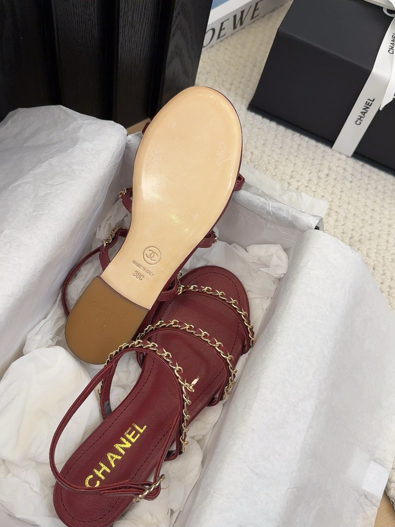 THREE-STRAPS SANDALS IN JAM RED CALFSKIN WITH GOLD HARDWARE