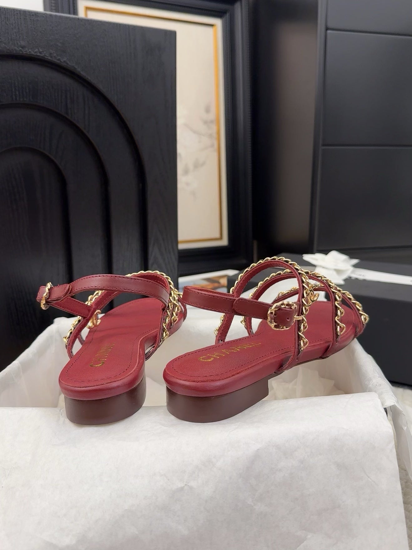 THREE-STRAPS SANDALS IN JAM RED CALFSKIN WITH GOLD HARDWARE