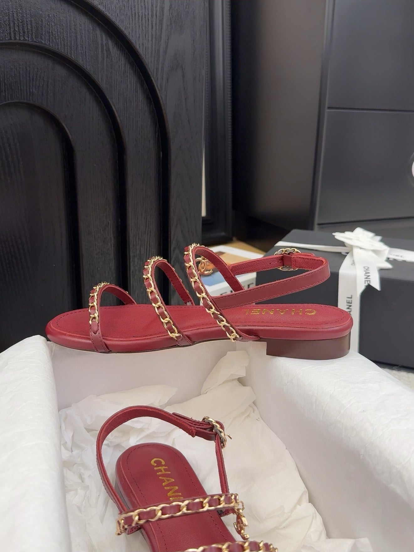 THREE-STRAPS SANDALS IN JAM RED CALFSKIN WITH GOLD HARDWARE