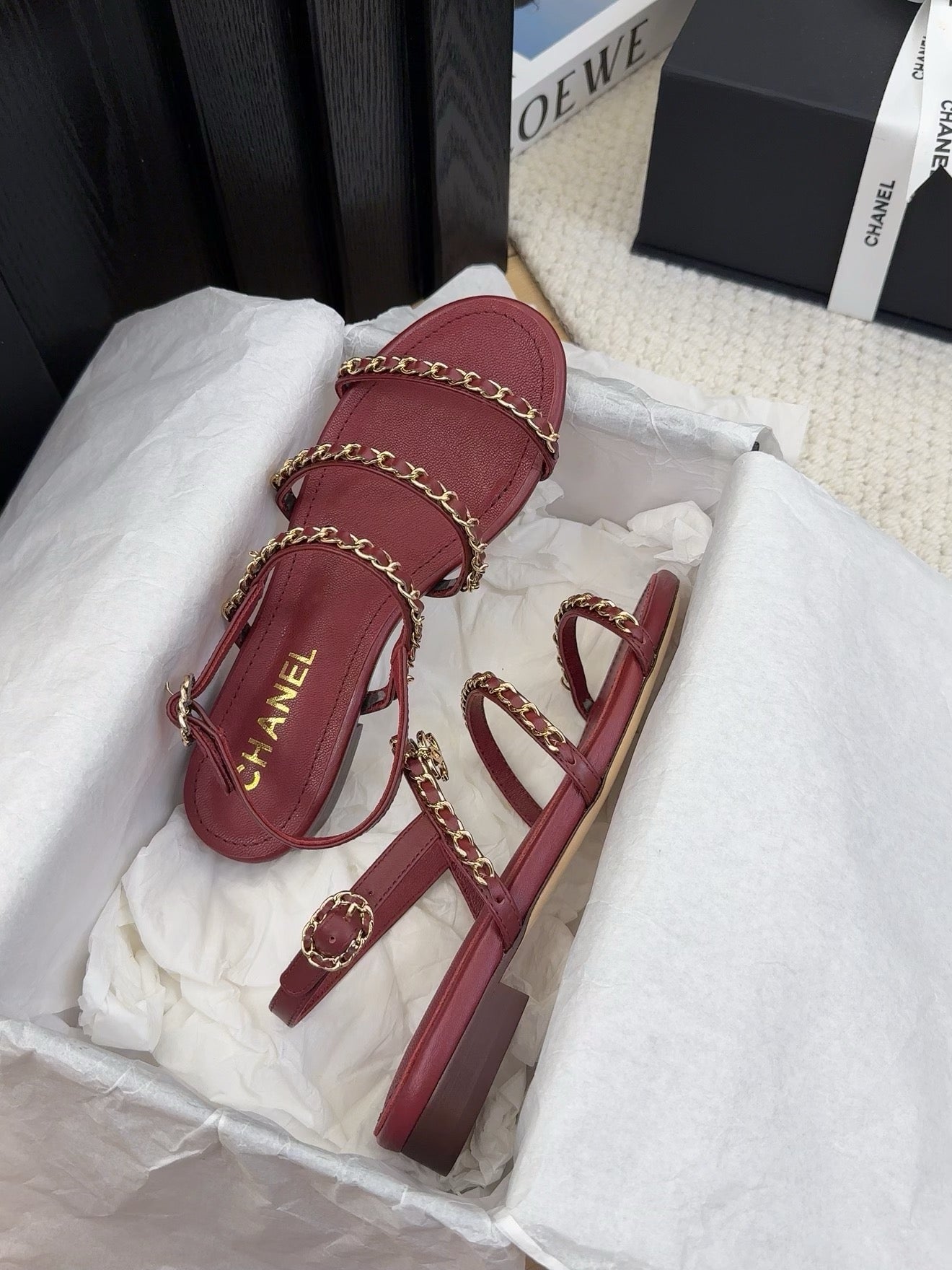 THREE-STRAPS SANDALS IN JAM RED CALFSKIN WITH GOLD HARDWARE