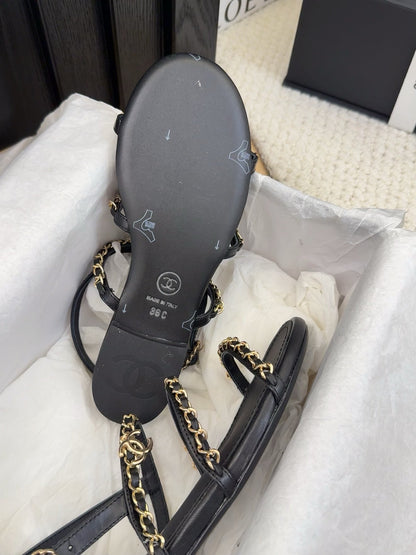 THREE-STRAPS SANDALS IN BLACK CALFSKIN WITH GOLD HARDWARE