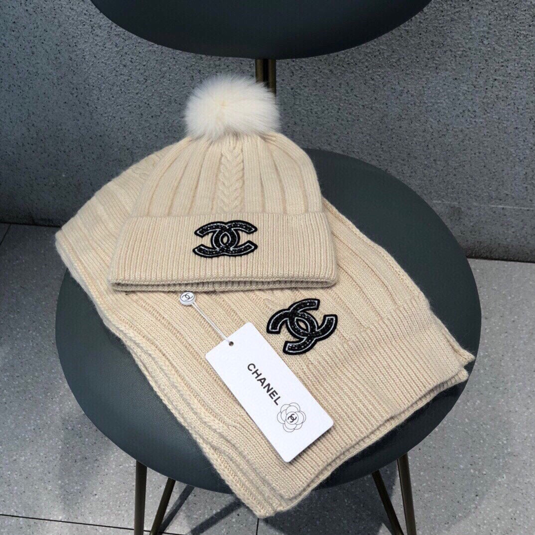 SET SCARF AND HAT IN BISQUE BEIGE WOOL 420821