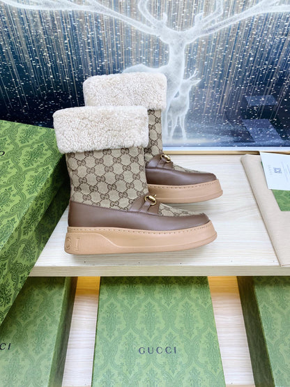 HORSEBIT ANKLE BOOTS WITH MERINO TRIM IN BEIGE JACQUARD FABRIC MIX BROWN CALFSKIN