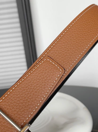 HM REVERSIBLE BLACK AND BRONZE BROWN LEATHER STRAP 32 MM SILVER HARDWARE