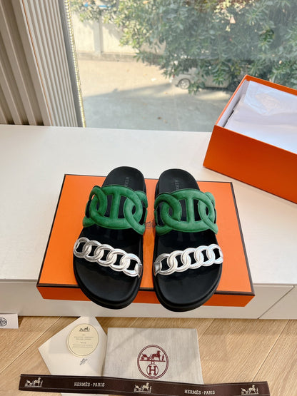 EXTRA SANDAL IN MEDIUM GREEN MIX SILVER CALFSKIN