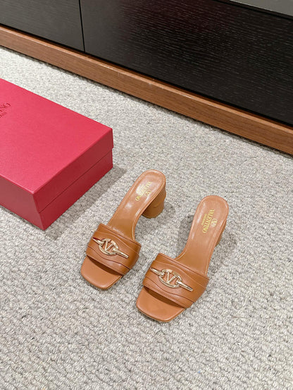 VLOGO SIGNATURE SLIDE SANDAL 60MM IN BRONZE BROWN CALFSKIN