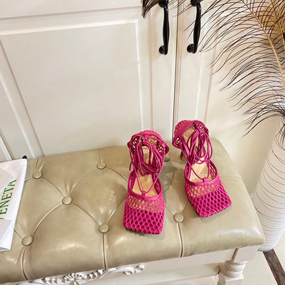 STRETCH LACE-UP SANDAL IN BRIGHT PINK METALLIZED MESH AND LEATHER 9 CM